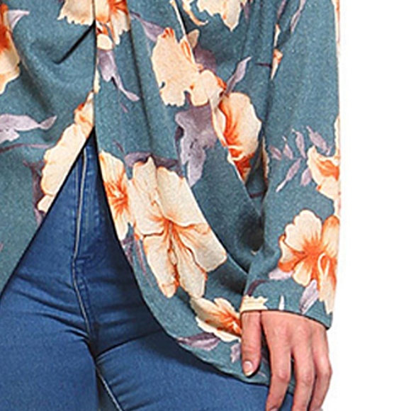 Teal Floral Knot-Front V-Neck Tunic Small - Picture 3 of 7